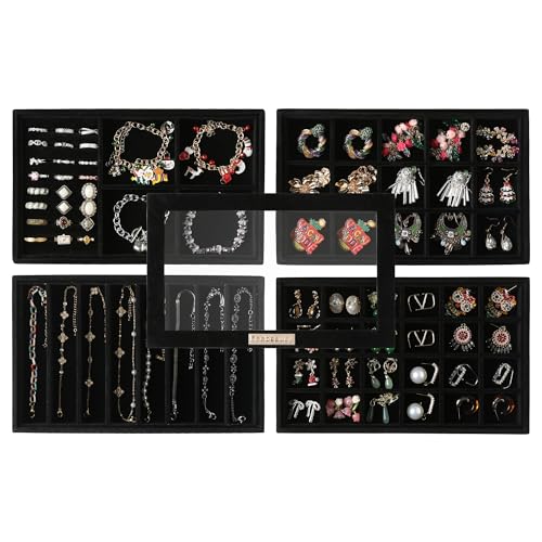 Stackable Jewelry Trays,Set of 4 Jewelry Organizer for Drawer | Glass Lid,Removable Dividers,Real Stackable Design,Velvet Material,Drawer Inserts,Jewelry Box for Earring Rings and Necklace - color: Black, size: Set5-A