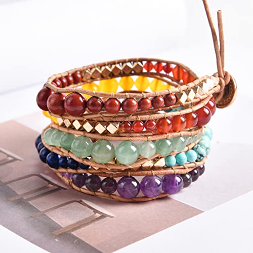 YGLINE Natural Stone Wrap Bracelet for Women Boho Bracelets Healing Crystal Beaded Bracelet Adjustable 3/5 Wraps Bracelet Handmade Birthday Gifts for Women - color: chakra beads