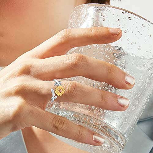 Sunflower Rings for Women, 925 Sterling Silver CZ You are My Sunshine Adjustable Open Band Rings Jewelry Gifts for Girls Size 7-8
