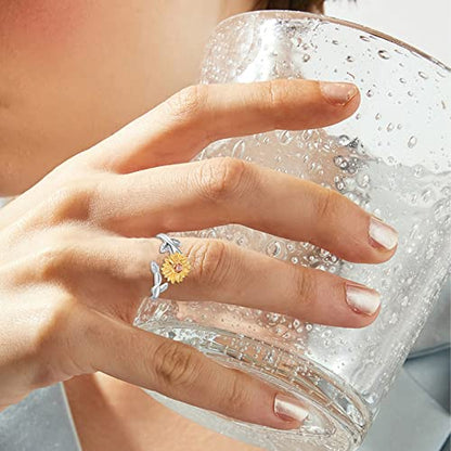 Sunflower Rings for Women, 925 Sterling Silver CZ You are My Sunshine Adjustable Open Band Rings Jewelry Gifts for Girls Size 7-8