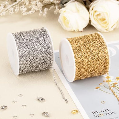SMYHTGLIF Total 65.6 Feet Gold & Silver Jewelry Making Chains 2 Rolls Chain | Stainless Steel Chain for Jewelry Making Thin Oval Cable Chain Craft Chain Bulk Permanent Jewelry Findings - size: 2.6×2mm
