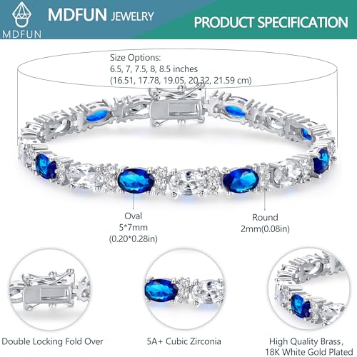 MDFUN 18K White/Yellow Gold Plated Green/Blue 5 * 7MM Oval 5A+ Cubic Zirconia Tennis Bracelet for Women Birthstone Jewelry Gift 6.5-8.5 inch - color: 18K White Gold -Blue