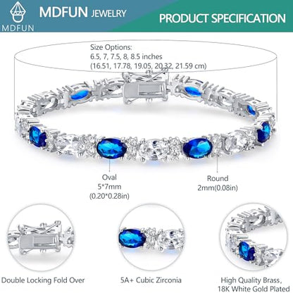 MDFUN 18K White/Yellow Gold Plated Green/Blue 5 * 7MM Oval 5A+ Cubic Zirconia Tennis Bracelet for Women Birthstone Jewelry Gift 6.5-8.5 inch - color: 18K White Gold -Blue