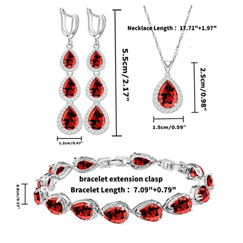 LMXXVJ Necklace Long Earrings Bracelet Set, White Gold Plated Created Blue Sapphire Jewelry Set Wedding Party Gift Jewelry for Women Bridal Bridesmaid - color: Garnet Red