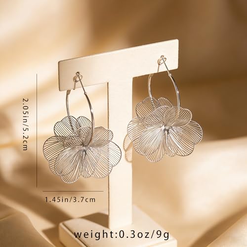 Boho Flower Earrings for Women - Gold/Silver Dangle Statement Earrings - Fun Floral Drop Jewelry with Backs for Droopy Ears - Trendy Gifts - color: Silver