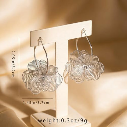 Boho Flower Earrings for Women - Gold/Silver Dangle Statement Earrings - Fun Floral Drop Jewelry with Backs for Droopy Ears - Trendy Gifts - color: Silver