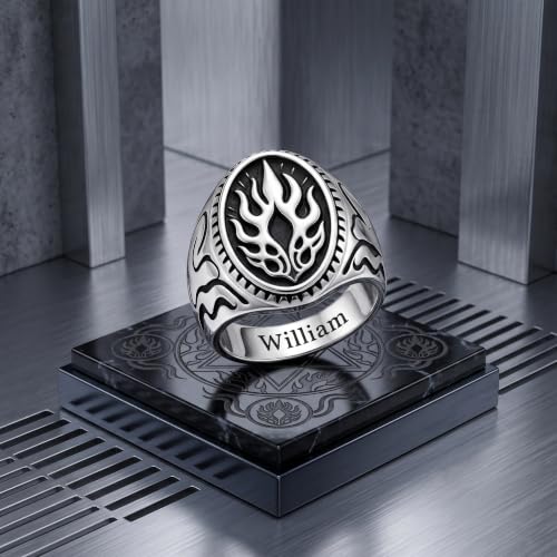 Dacc & Aya Custom Engraved Vintage Signet Ring 925 Sterling Silver Black Oxidized Personalized Statement Jewelry for Men - style: B-Flame