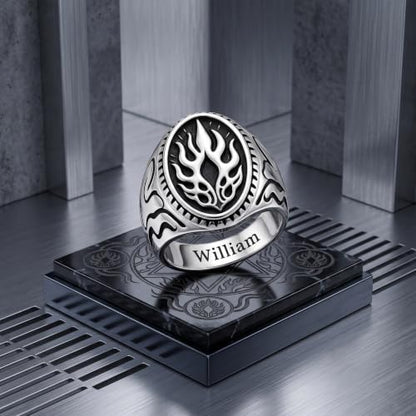 Dacc & Aya Custom Engraved Vintage Signet Ring 925 Sterling Silver Black Oxidized Personalized Statement Jewelry for Men - style: B-Flame