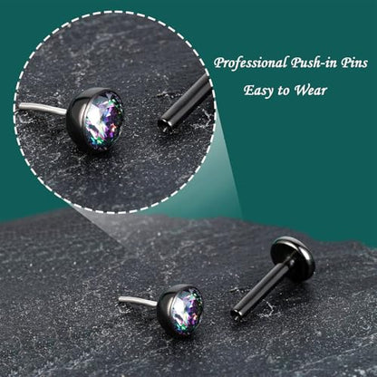 Gotumo 16G 18G 20G Flat Back Earrings Stud Titanium Threadless Nose Rings Tragus Labret Cartilage Lip Medusa Conch Body Piercing Jewelry Hypoallergenic for Women Men - color: Black, size: 16G Bar 5/6/7mm & CZ 2/3/4mm