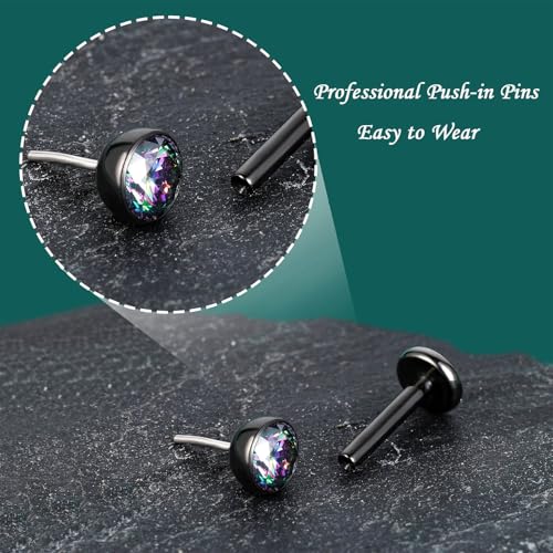 Gotumo 16G 18G 20G Flat Back Earrings Stud Titanium Threadless Nose Rings Tragus Labret Cartilage Lip Medusa Conch Body Piercing Jewelry Hypoallergenic for Women Men - color: Black, size: 20G Bar 5/6/7mm & CZ 2/3/4mm