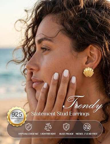 Chunky Gold Stud Earrings for Women Sterling Silver Earring Hypoallergenic | Non Tarnish 14K Gold Plated 925 Silver Posts for Sensitive Ears,Knot Statement Dangle Earrings Gold Jewelry Gifts Lightweight - color: gold plated-shell