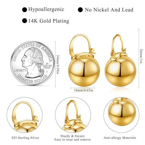 14k Gold Plated Ball Dangle Earrings for Women Sterling Silver Ball Drop Earrings Hypoallergenic Round Balls Hoop Earring Leverback Lightweight Earrings Fashion Jewelry - color: gold 1