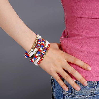 Elegance 11 designs Heishi Beaded Bracelets For Women Polymer Clay Colorful Surfer Stackable Beads Boho Bracelet Summer Beach Jewelry - color: Red white blue