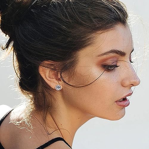 MILACOLATO Cubic Zirconia Stud Earrings 18K White Gold Plated Sterling Silver Post Birthstone Earrings 10MM Round Simulated Diamond Halo Studs Dance Competition Earrings for Women Hypoallergenic, Clear CZ