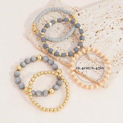 Boho Beaded Stretch Bracelets For Women Stackable Crystal Gold Plated Beaded Bracelets Set Trendy Handmade Friendship Braeclet Jewelry Gifts - color: F-Wooden bead set
