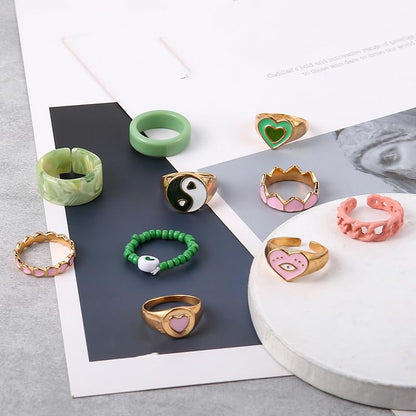 Gold Stackable Ring Sets Yin Yang Patterns Adjustable Alloy Finger Rings for Punk Boho & Daily Wedding Jewelry - color: Multicolor2