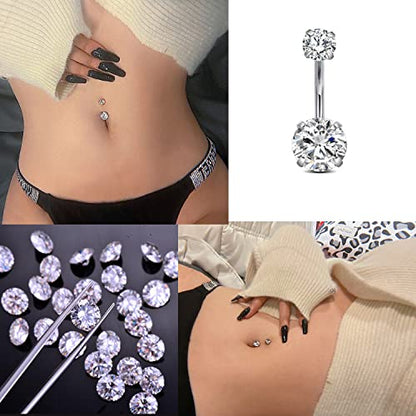 FECTAS 14g Belly Button Rings Surgical Steel CZ Petite Navel Ring for Women Body Piercing Jewelry Petite select Barbell Len 6mm 8mm 10mm 12mm 14mm Silver - style: silver1-2pcs-10mm bar