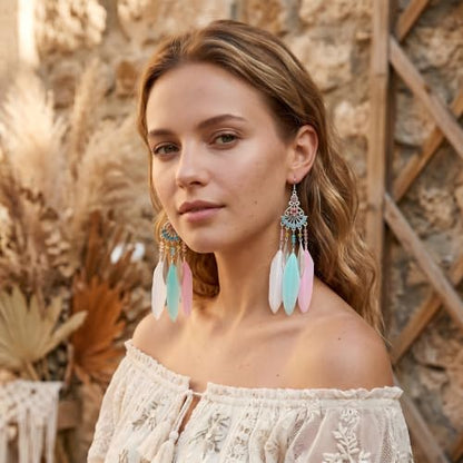 FRESHME Feather Earrings for Women - Native American Jewelry Boho Dangle Ethnic Indian Ear Drop for Music Festival Birthday - color: Little Coloful