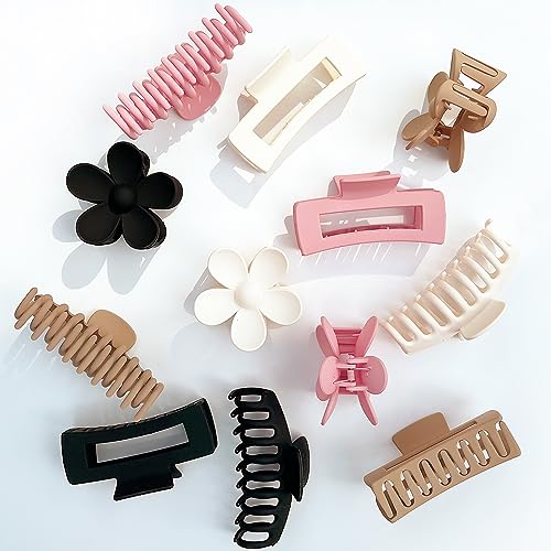 Large Hair Claw Clips, 12 Pack Flower Hair Clips for Thick Hair, Big Square Matte Strong hold for Thin Hair, 3 Styles Claw Hair Clips for Thick Hair - color: White, Black, Pink, Coffee