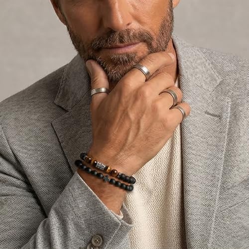 Flybar Men's 4 Piece Beaded Bracelet Set, Natural Lava Stone Black Onyx Matte Agate Tiger Eye, Stretchable Elastic Handmade Stackable - color: CK04 Cross Tiger eye 4