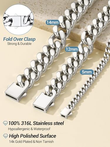 PROSTEEL Chunky Cuban Link Curb Chain Necklace for Women Men, Stainless Steel Choker Thick Trendy Statement Hip Hop Miami Cuban Chain Jewelry Gifts Unisex Size,5/12/14mm Widths,18"/20" - color: 14mm-Silver, size: 20inches