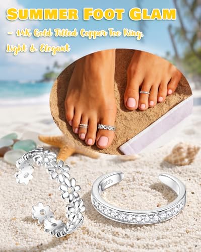 Sanfenly 12 Pcs Toe Rings for Women Non Tarnish Waterproof | 14K Gold Filled Dainty Thin Chunky Open Band Rings, Trendy Silver Plated Adjustable Toe Rings, Summer Beach Foot Jewelry Set - color: Silver Plated