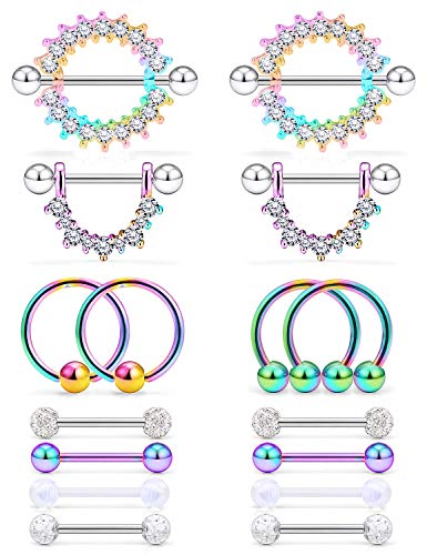 Cisyozi 16G 14G Nipple Piercing Jewelry Tongue Rings Hypoallergenic Surgical Steel Screw Nipple Tongue Shield Ring Barbell Body Piercing Jewelry Retainer for Women 9/16 Inch 14mm - color: E:14G(1.6MM)-8Pairs - Rainbow