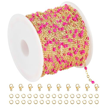 KYUNHOO 16.4 Feet/5M Rose Red Enamel Beaded Chain for Jewelry Making | Gold Plated Stainless Steel Chain Spool Cross Cable Link Chains Bulk with Lobster Clasps and Jump Rings - color: Gold-Rose-2mm