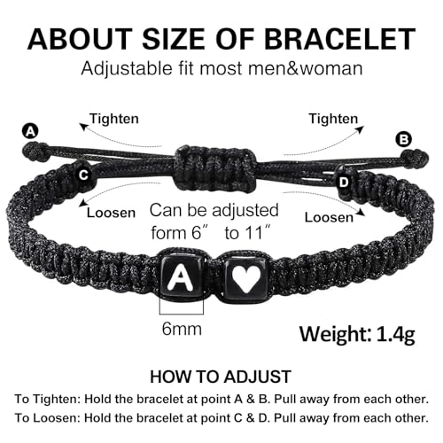Valentines Day Gifts for Him Her Heart Love Letter Initial Matching Couple Bracelets for Women Men Teen Gifts Best Friend Graduation Birthday Gifts A-Z Braided Bracelet Son Daughter Dad Jewelry - color: Black-A