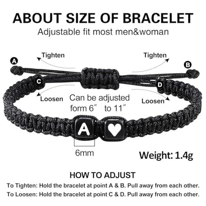 Valentines Day Gifts for Him Her Heart Love Letter Initial Matching Couple Bracelets for Women Men Teen Gifts Best Friend Graduation Birthday Gifts A-Z Braided Bracelet Son Daughter Dad Jewelry - color: Black-A