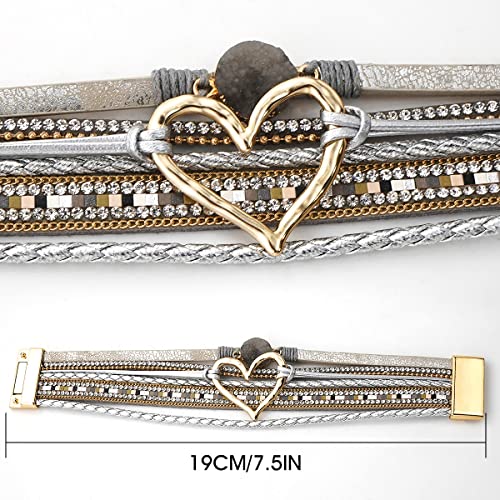 Suyi Multilayer Leather Wrap Bracelet Heart-Shape Wide Bracelets for Women - color: Silver