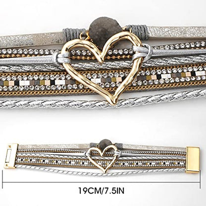 Suyi Multilayer Leather Wrap Bracelet Heart-Shape Wide Bracelets for Women - color: Silver