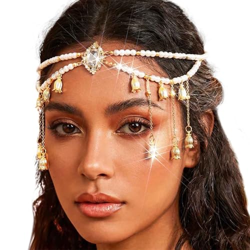 Yokawe Pearl Head Chain with Crystal Pendant, Gold Boho Hair Accessories, Rhinestone Bridal Headpiece, Festival Jewelry for Women