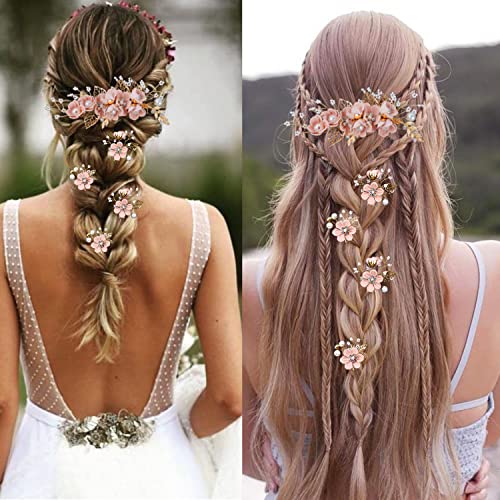 5 Pieces Bridal Flower Wedding Hair Pins Crystal Pearl Hair Combs Clips Headpiece Gold Wedding Hair Accessories Jewelry with Rhinestone for Brides Bridesmaids Women Girls Updo (Cherry Blossoms Pink) - color: Flourish Flowers Series&Cherry Blossoms Pink