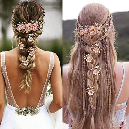 5 Pieces Bridal Flower Wedding Hair Pins Crystal Pearl Hair Combs Clips Headpiece Gold Wedding Hair Accessories Jewelry with Rhinestone for Brides Bridesmaids Women Girls Updo (Cherry Blossoms Pink) - color: Flourish Flowers Series&Cherry Blossoms Pink
