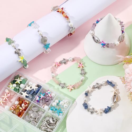 SUNNYCLUE 1 Box 6 Sets Bracelet Making Kits Starfish Beads Colorful Shell Sea Turtle Bead Summer Hawaii Ocean Chip Stone Irregular Gemstones for Jewelry Making Kits Adults Gift Adults Supplies - style: Ocean 3