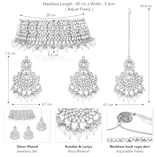 Aheli Faux Pearl Choker Necklace with Earrings Indian Traditional Bollywood Jewelry Set Gift for Women - color: Rhodium White