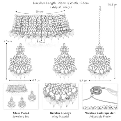 Aheli Faux Pearl Choker Necklace with Earrings Indian Traditional Bollywood Jewelry Set Gift for Women - color: Rhodium White