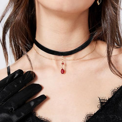 Fesciory Black Necklaces for Women, Adjustable Layered Velvet Leather Lace Collar Necklace, Goth Jewelry Gifts. - color: Red Pendant