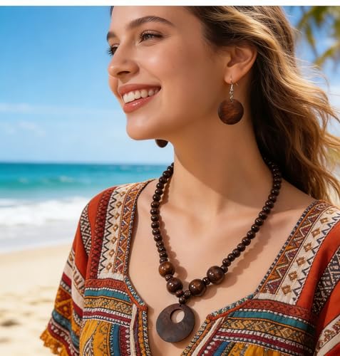 LOTSOF Boho Wooden Beaded Necklace and Earring Set for Women, Bohemian Chunky Statement Costume Jewelry, Round Drop Pendant Retro Ethnic Accessories Ladies Gift - color: Brown