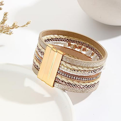 Long tiantian Boho Western Bracelets for Women Leather Wrap Bracelets Turquoise Bracelet Western Jewelry Country Concert Outfits - color: womens stackable bracelets(khaki)