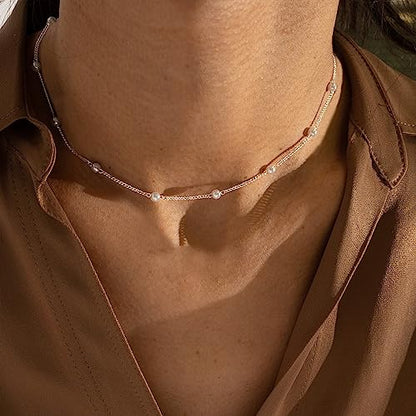 Gold Pearl Necklace For Women - 14K Gold Plated Layered Herringbone Chain Pearl Necklace, Trendy Simple Gold Jewelry Gift - color: Pearl Choker-Silver