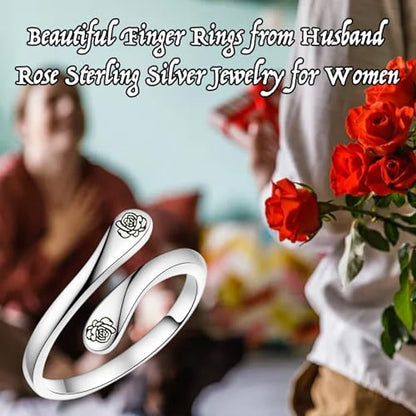 Fookduoduo 925 Sterling Silver Ring Inspirational Jewelry adjustable Wrap Open Rings for Women - style: Rose Flower
