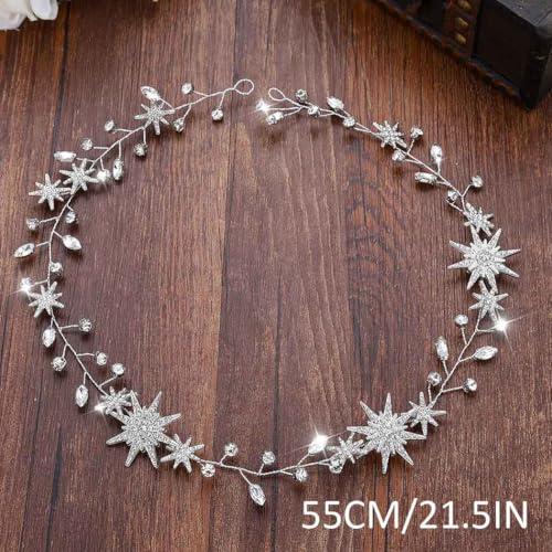 Unicra Star Rhinestone Bride Wedding Hair Vine Gold Bridal Hair Piece Crystal Hair Accessories for Women (21 Inches) - color: Silver