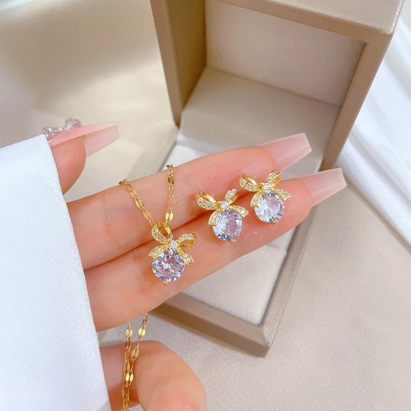 Bowknot Necklace and Earrings Set for Women Gold Plated | Ribbon Pendant, Cubic Zirconia, Sparkling Minimalist, Party Daily Wear, Birthday Gifts