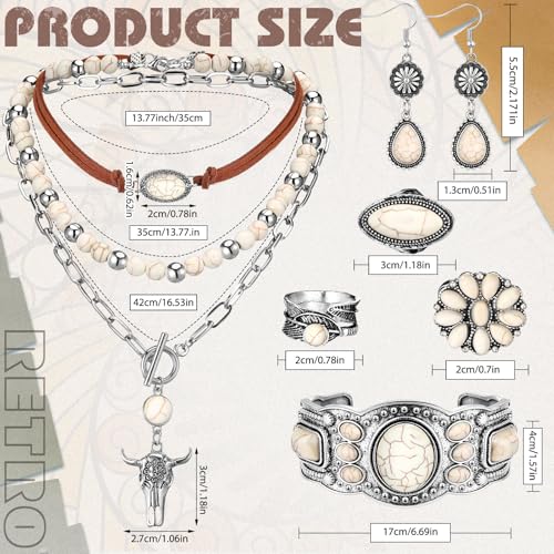 Ecally Bohemian Western Jewelry Turquoise Set Women Country Pendant Long Choker Layered Bracelets Earrings Ring for Women - color: White, style: Fashion