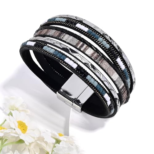 VIBILIA Boho Leather Wrap Bracelets for Women Multi-Layer Bracelets | With Strong Clasp Jewelry for Women - color: 03-BohoBraid-Black