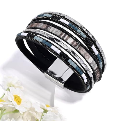 VIBILIA Boho Leather Wrap Bracelets for Women Multi-Layer Bracelets | With Strong Clasp Jewelry for Women - color: 03-BohoBraid-Black