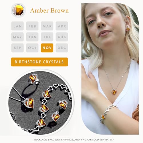 Infinity Love Heart Stud Earrings for Women, Birthstone and Healing Stone, Gifts for Mom, Wife, and Her, Silver Plated - color: 11a-November-Amber Brown