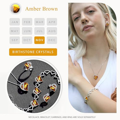 Infinity Love Heart Stud Earrings for Women, Birthstone and Healing Stone, Gifts for Mom, Wife, and Her, Silver Plated - color: 11a-November-Amber Brown